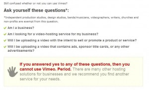 screenshot: businesses cannot use vimeo